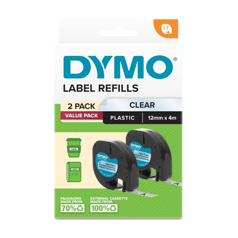 Dymo label refills packaging with two clear labels on a white background