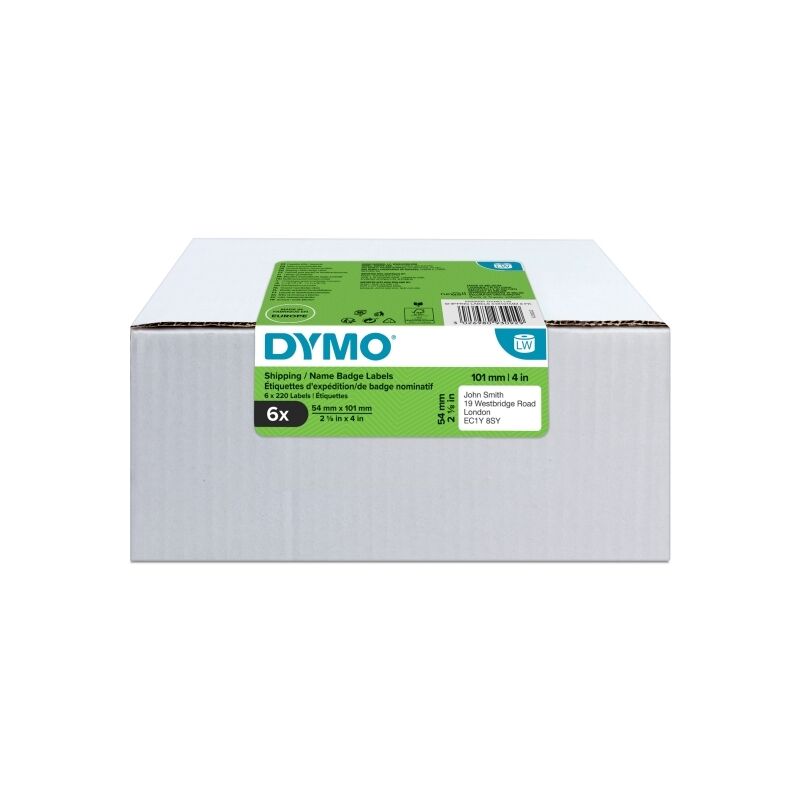 Box of Dymo name badge labels on a white background