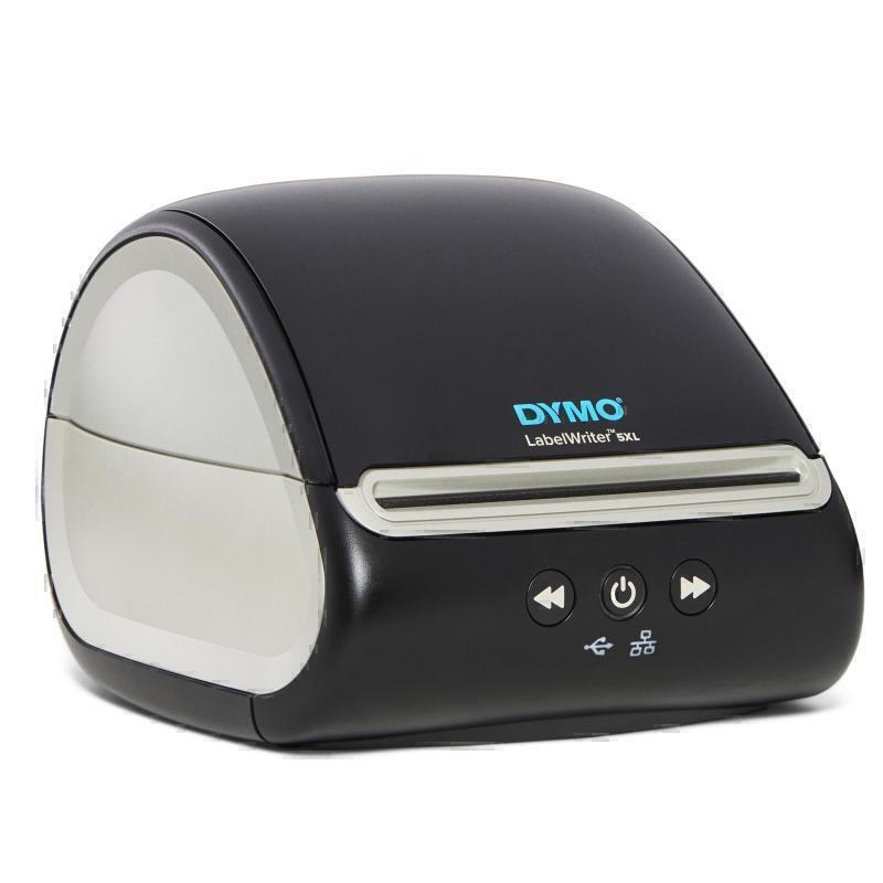 Black Dymo label printer on a white background