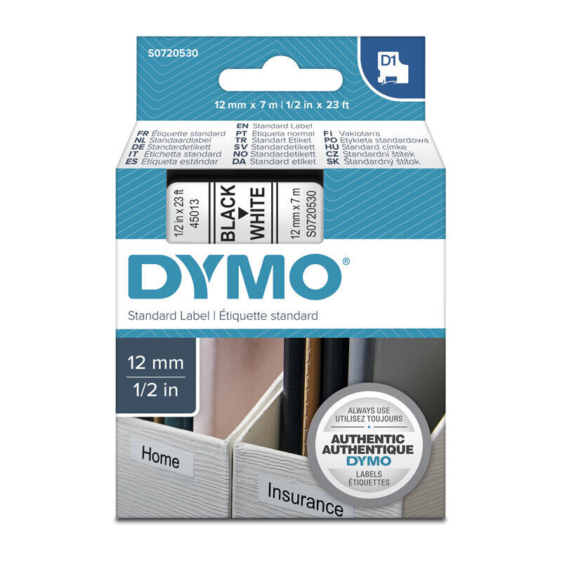 Dymo label tape packaging with black and white labels on a white background