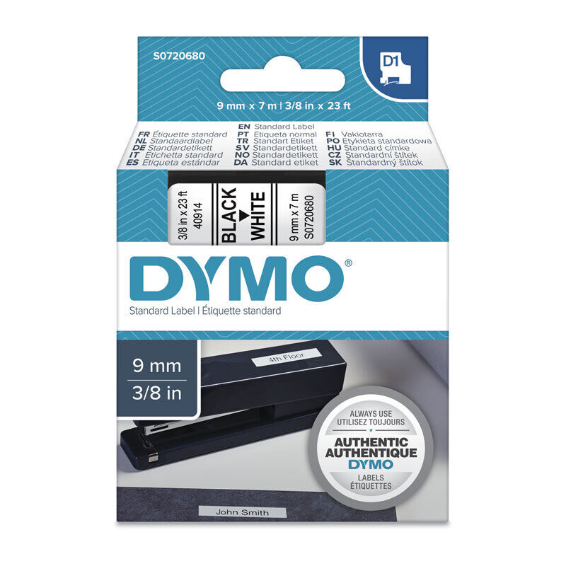 Dymo label printer tape packaging with blue and white design