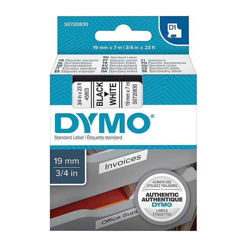 Dymo label printer tape packaging with blue and white design