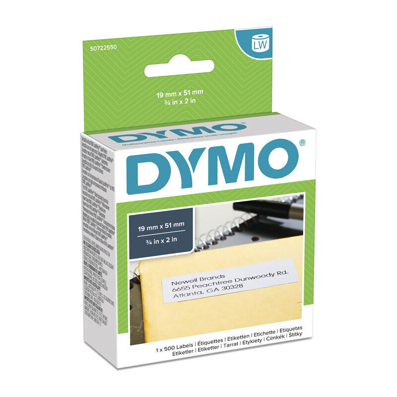 Dymo label packaging with green and white design on a white background